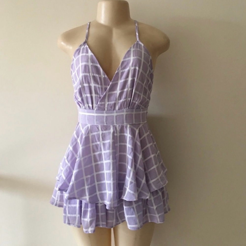 Fashion Nova Light Purple Grid Pattern V-neck Strappy Ruffle Romper